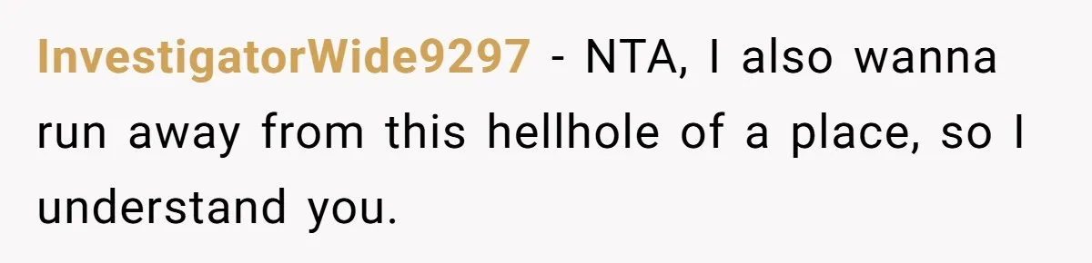 InvestigatorWide9297 − NTA, I also wanna run away from this hellhole of a place, so I understand you.
