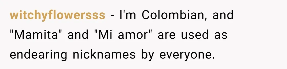 witchyflowersss − I'm Colombian, and "Mamita" and "Mi amor" are used as endearing nicknames by everyone.