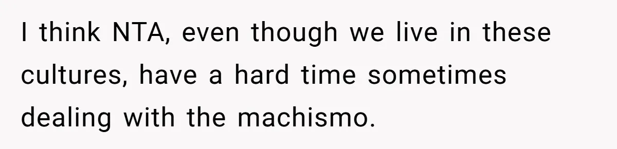 I think NTA, even though we live in these cultures, have a hard time sometimes dealing with the machismo.