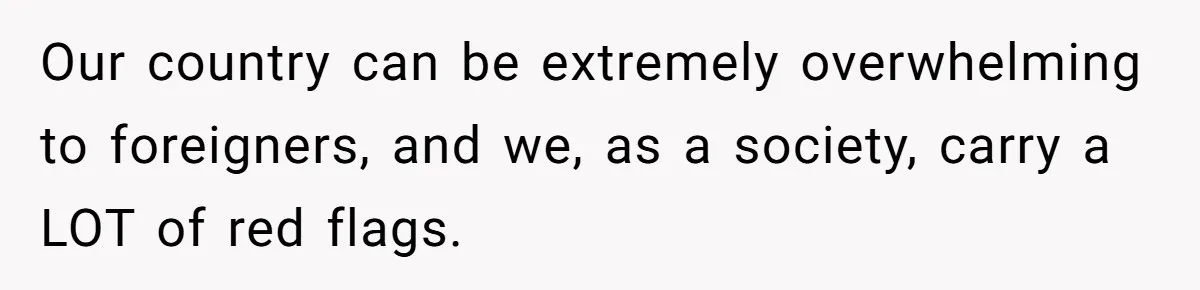 Our country can be extremely overwhelming to foreigners, and we, as a society, carry a LOT of red flags.