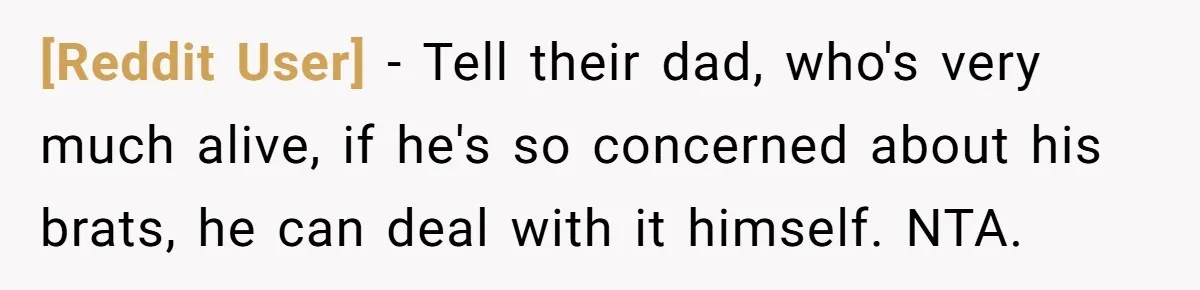 [Reddit User] − Tell their dad, who's very much alive, if he's so concerned about his brats, he can deal with it himself. NTA.