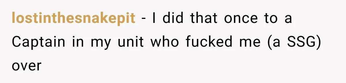 lostinthesnakepit − I did that once to a Captain in my unit who fucked me (a SSG) over