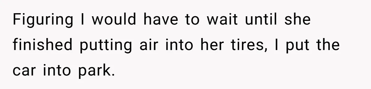 Figuring I would have to wait until she finished putting air into her tires, I put the car into park.