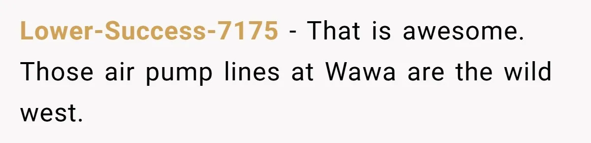Lower-Success-7175 − That is awesome. Those air pump lines at Wawa are the wild west.