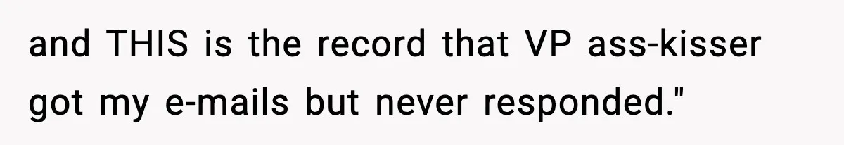 VP Forces One-Man IT Department To Wear Suit And Tie, Accidentally Risks The Whole Company and THIS is the record that VP ass-kisser got my e-mails but never responded."