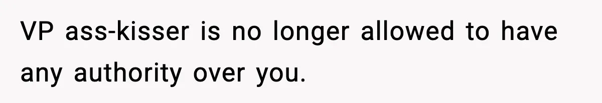 VP Forces One-Man IT Department To Wear Suit And Tie, Accidentally Risks The Whole Company VP ass-kisser is no longer allowed to have any authority over you.