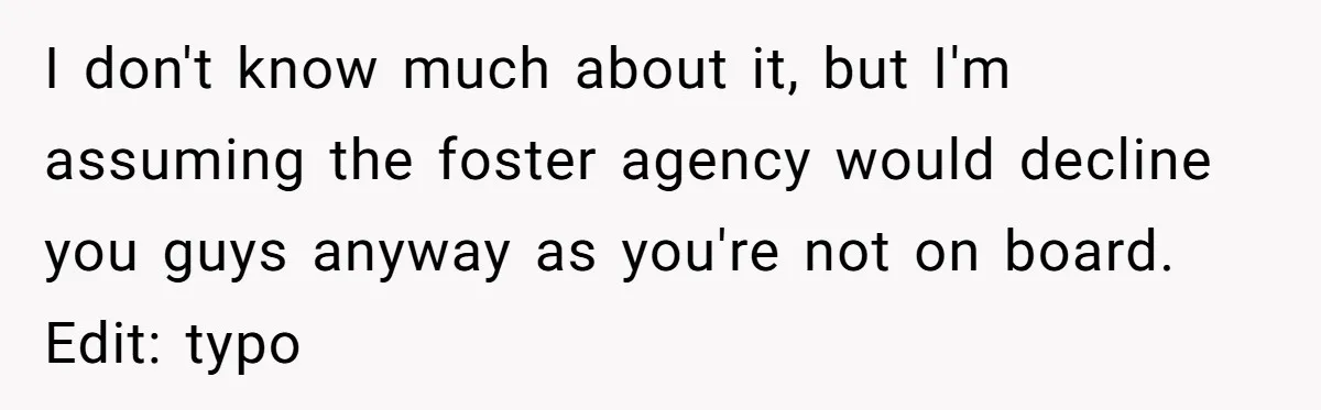 I don't know much about it, but I'm assuming the foster agency would decline you guys anyway as you're not on board. Edit: typo