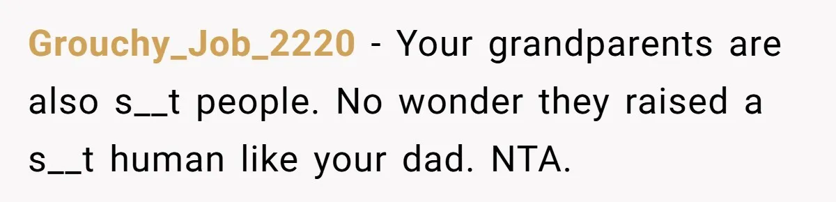 Grouchy_Job_2220 − Your grandparents are also s__t people. No wonder they raised a s__t human like your dad. NTA.