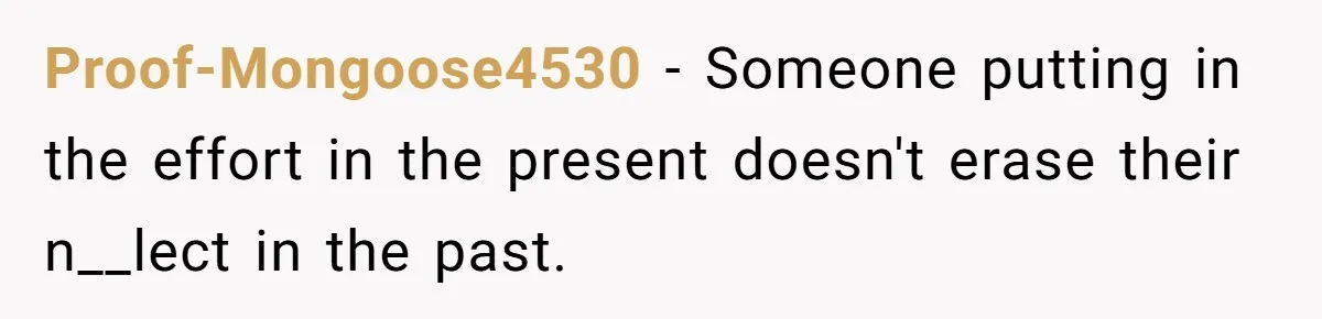 Proof-Mongoose4530 − Someone putting in the effort in the present doesn't erase their n__lect in the past.