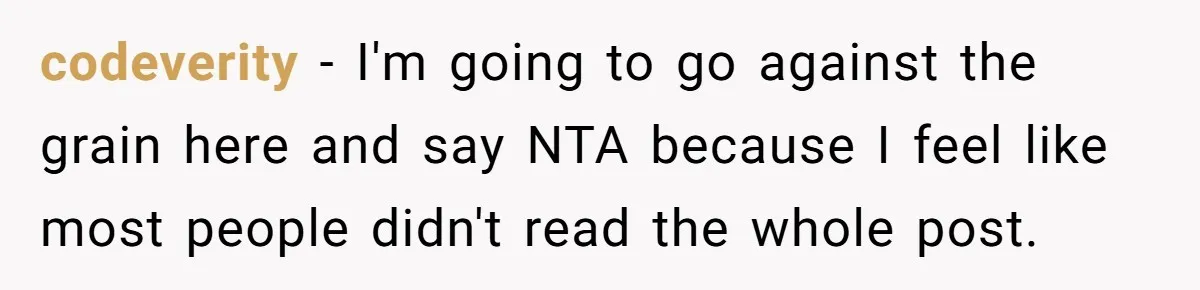 codeverity − I'm going to go against the grain here and say NTA because I feel like most people didn't read the whole post.