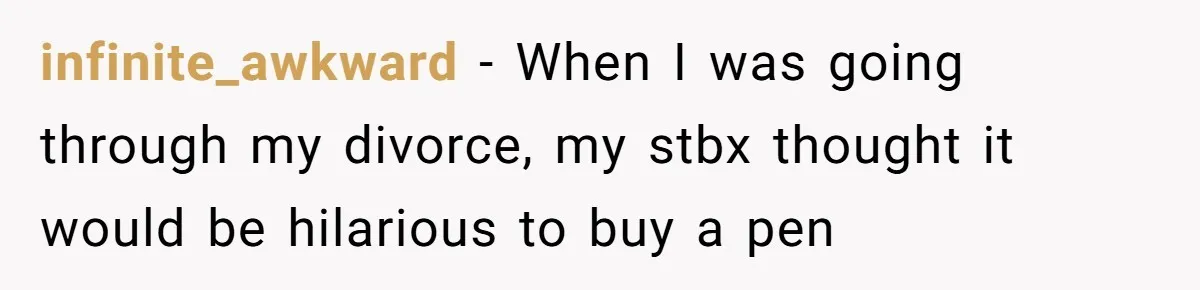 infinite_awkward − When I was going through my divorce, my stbx thought it would be hilarious to buy a pen