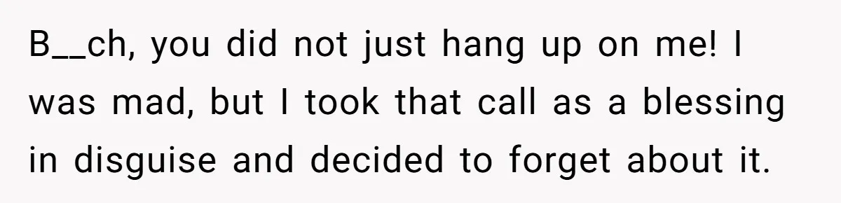 B__ch, you did not just hang up on me! I was mad, but I took that call as a blessing in disguise and decided to forget about it.