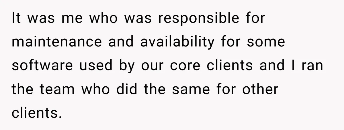 It was me who was responsible for maintenance and availability for some software used by our core clients and I ran the team who did the same for other clients.