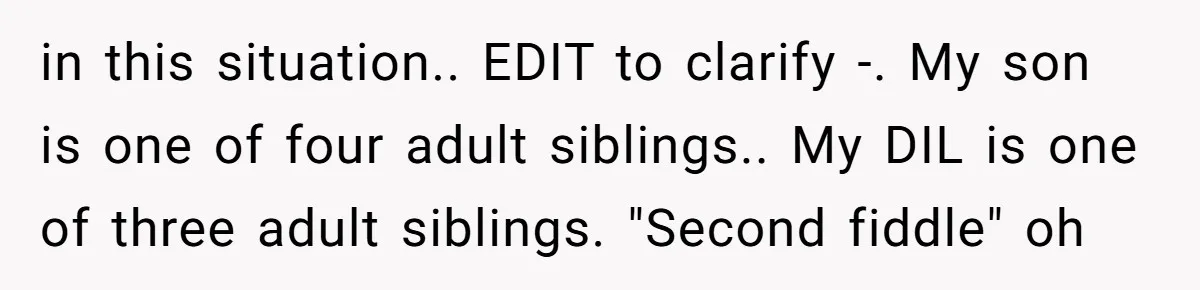 in this situation.. EDIT to clarify -. My son is one of four adult siblings.. My DIL is one of three adult siblings. "Second fiddle" oh