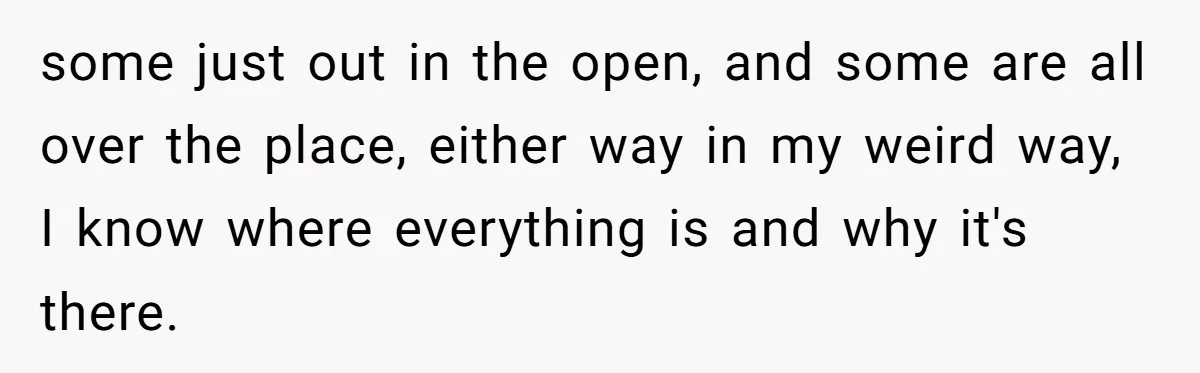 some just out in the open, and some are all over the place, either way in my weird way, I know where everything is and why it's there.