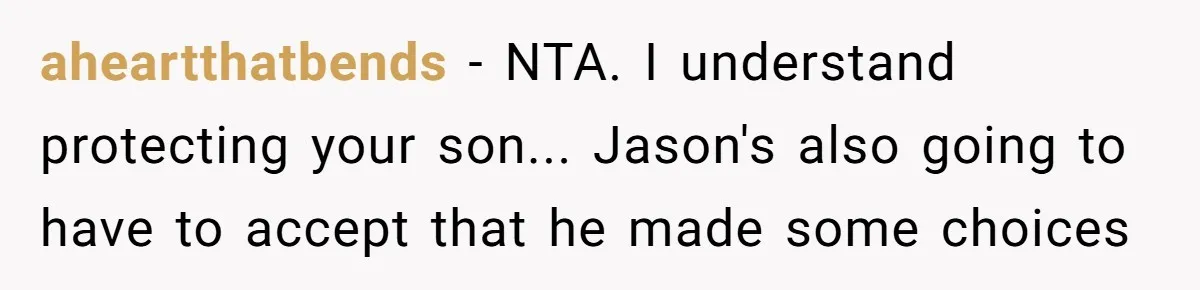 aheartthatbends − NTA. I understand protecting your son... Jason's also going to have to accept that he made some choices