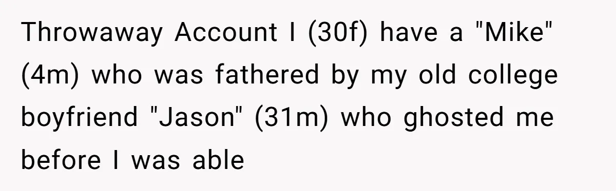 Throwaway Account I (30f) have a "Mike" (4m) who was fathered by my old college boyfriend "Jason" (31m) who ghosted me before I was able