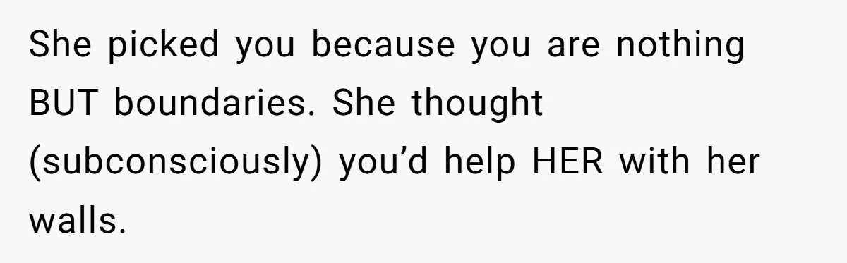 She picked you because you are nothing BUT boundaries. She thought (subconsciously) you’d help HER with her walls.