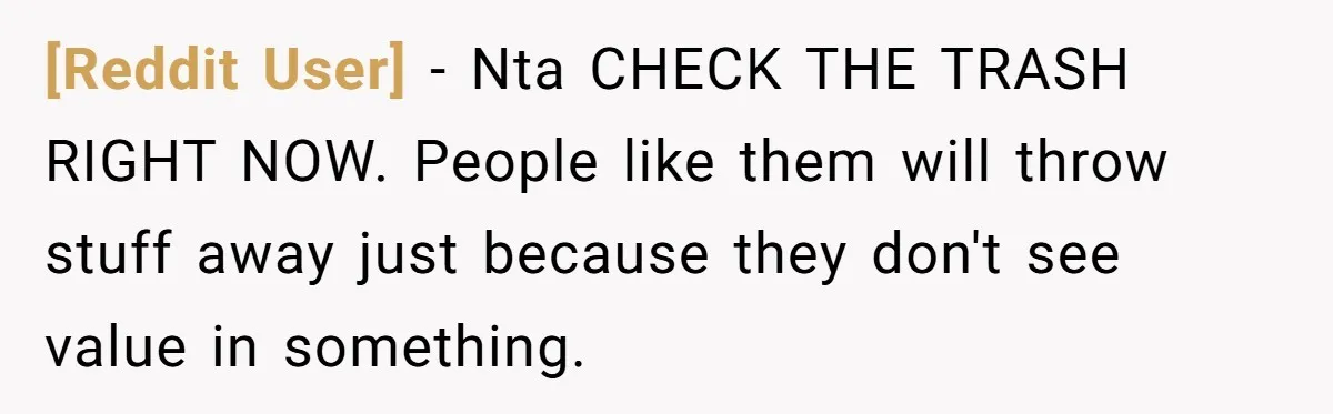 [Reddit User] − Nta CHECK THE TRASH RIGHT NOW. People like them will throw stuff away just because they don't see value in something.