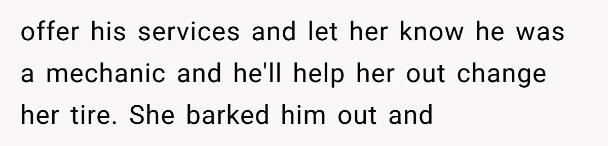offer his services and let her know he was a mechanic and he'll help her out change her tire. She barked him out and