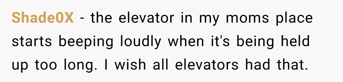 Shade0X − the elevator in my moms place starts beeping loudly when it's being held up too long. I wish all elevators had that.