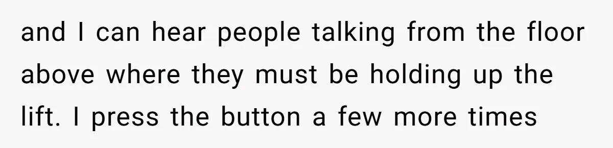 and I can hear people talking from the floor above where they must be holding up the lift. I press the button a few more times