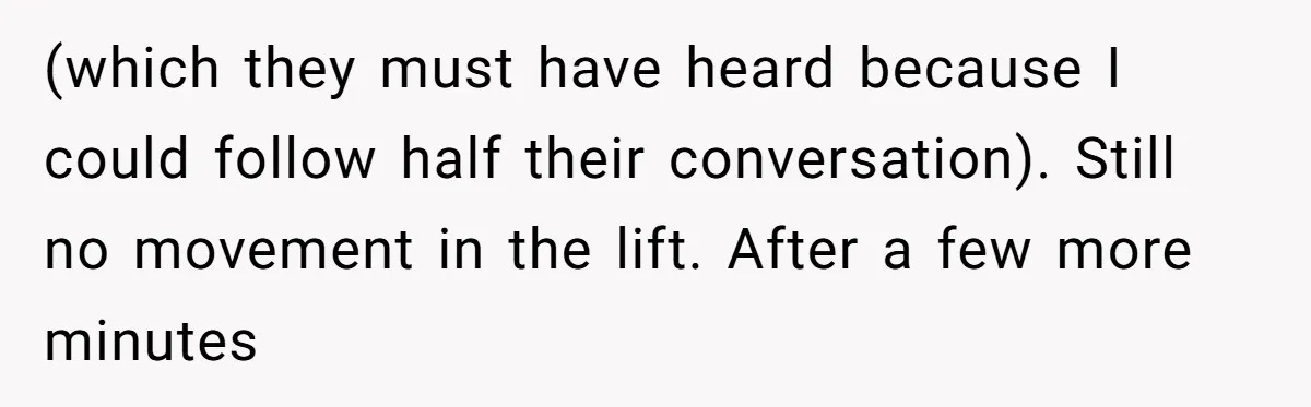 (which they must have heard because I could follow half their conversation). Still no movement in the lift. After a few more minutes