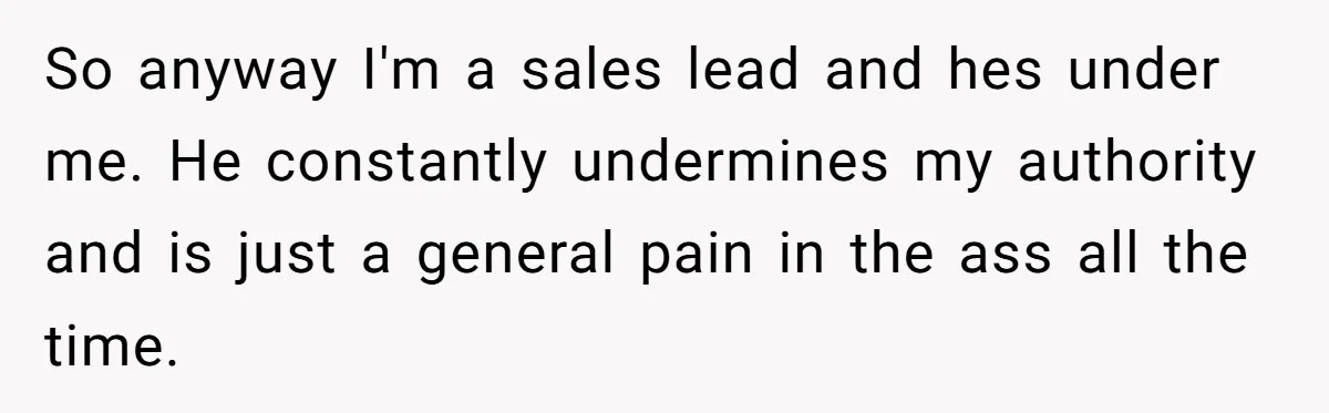 So anyway I'm a sales lead and hes under me. He constantly undermines my authority and is just a general pain in the ass all the time.
