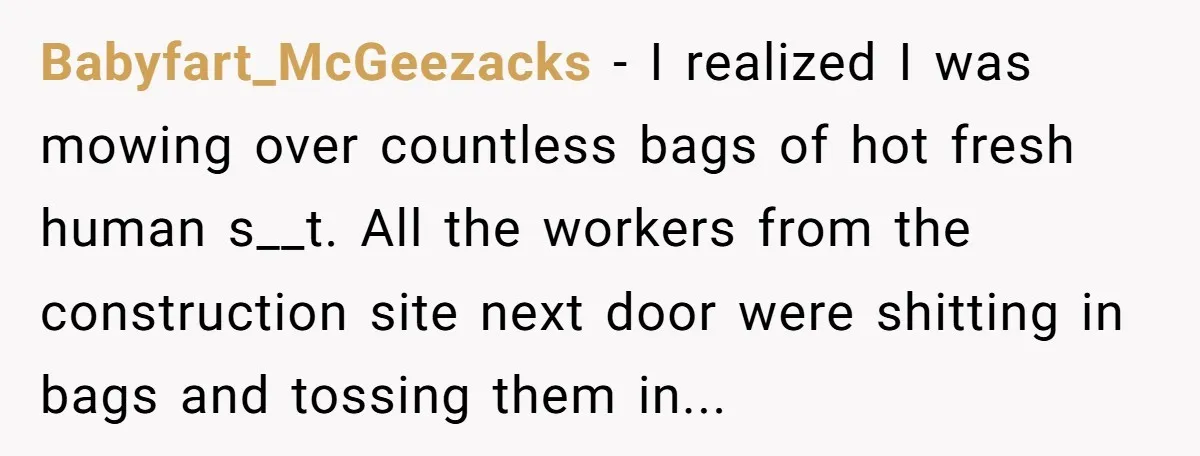 From Sidewalk Junk to Yard Gold: How One Neighbor Finally Won the Long-Running Toy War Babyfart_McGeezacks − I realized I was mowing over countless bags of hot fresh human s__t. All the workers from the construction site next door were shitting in bags and tossing...