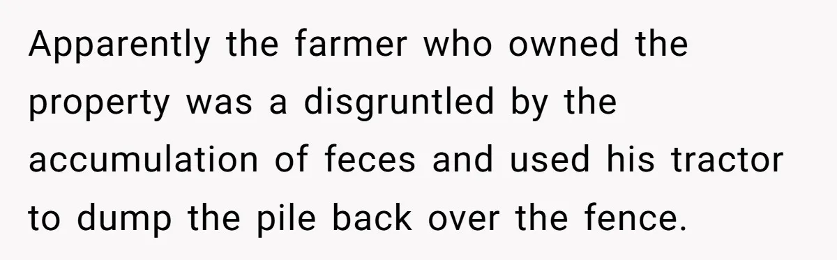 From Sidewalk Junk to Yard Gold: How One Neighbor Finally Won the Long-Running Toy War Apparently the farmer who owned the property was a disgruntled by the accumulation of feces and used his tractor to dump the pile back over the fence.