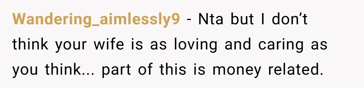 Wandering_aimlessly9 − Nta but I don’t think your wife is as loving and caring as you think... part of this is money related.