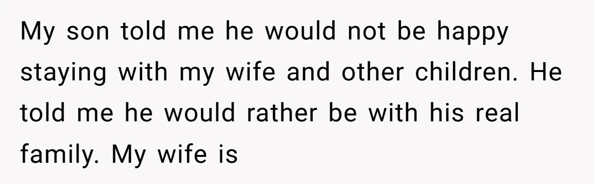 My son told me he would not be happy staying with my wife and other children. He told me he would rather be with his real family. My wife is