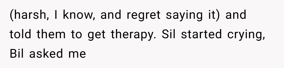 (harsh, I know, and regret saying it) and told them to get therapy. Sil started crying, Bil asked me