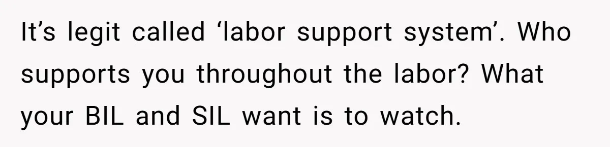 It’s legit called ‘labor support system’. Who supports you throughout the labor? What your BIL and SIL want is to watch.