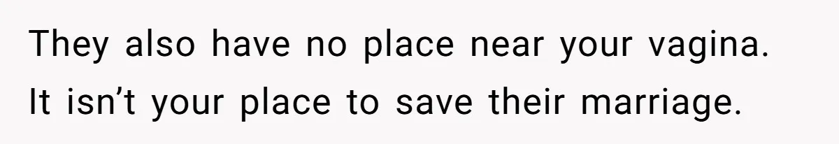 They also have no place near your vagina. It isn’t your place to save their marriage.