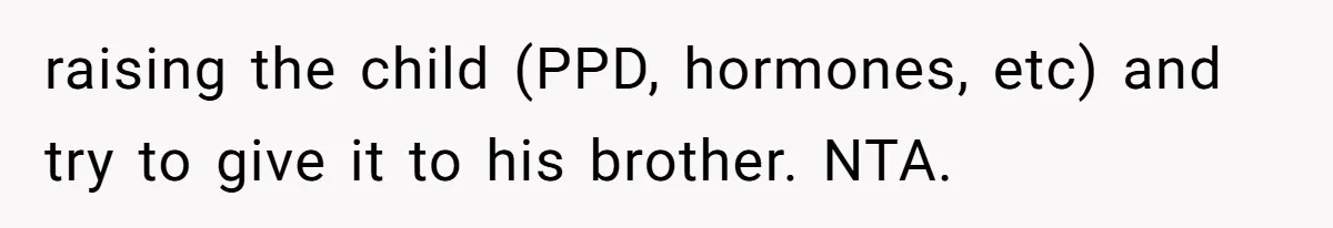 raising the child (PPD, hormones, etc) and try to give it to his brother. NTA.