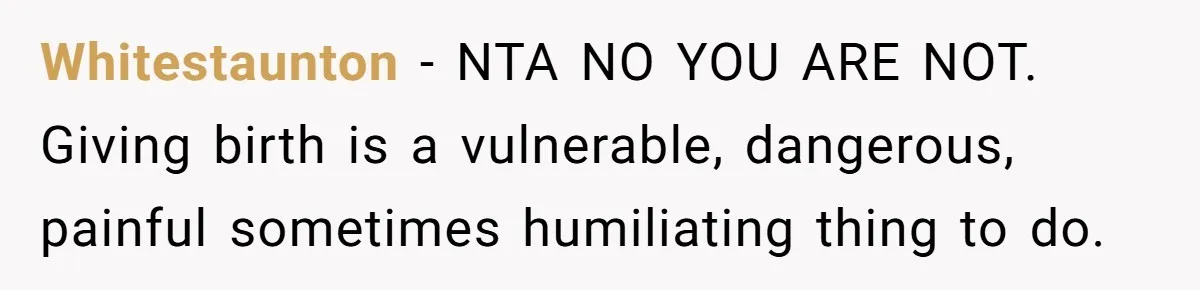 Whitestaunton − NTA NO YOU ARE NOT. Giving birth is a vulnerable, dangerous, painful sometimes humiliating thing to do.