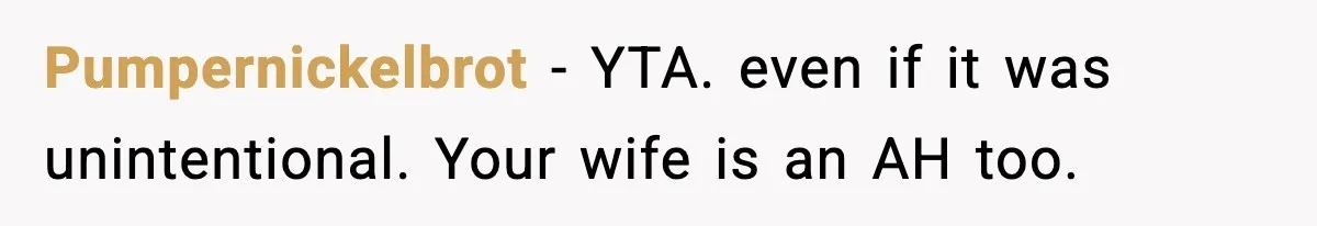 Pumpernickelbrot − YTA. even if it was unintentional. Your wife is an AH too.