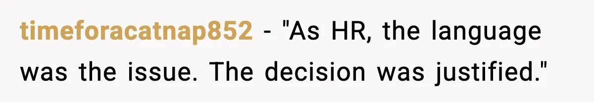 timeforacatnap852 - "As HR, the language was the issue. The decision was justified."
