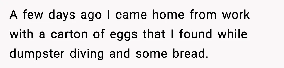 A few days ago I came home from work with a carton of eggs that I found while dumpster diving and some bread.