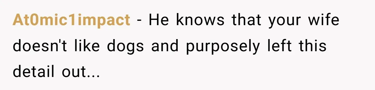 At0mic1impact − He knows that your wife doesn't like dogs and purposely left this detail out...