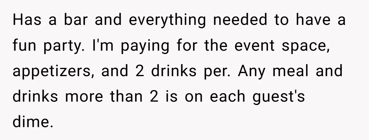 Has a bar and everything needed to have a fun party. I'm paying for the event space, appetizers, and 2 drinks per. Any meal and drinks more than 2 is...