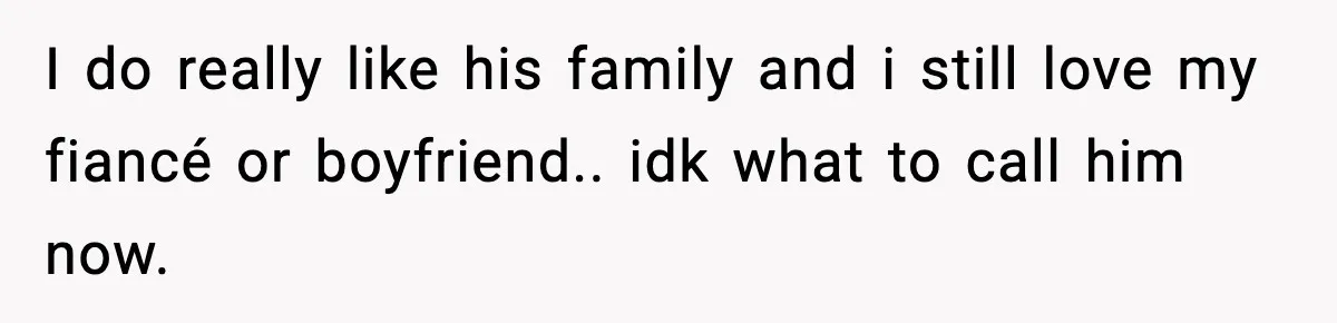I do really like his family and i still love my fiancé or boyfriend.. idk what to call him now.