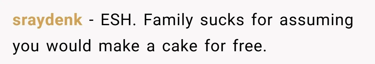 sraydenk − ESH. Family sucks for assuming you would make a cake for free.