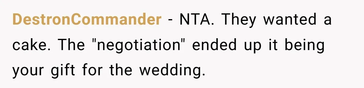 DestronCommander − NTA. They wanted a cake. The "negotiation" ended up it being your gift for the wedding.
