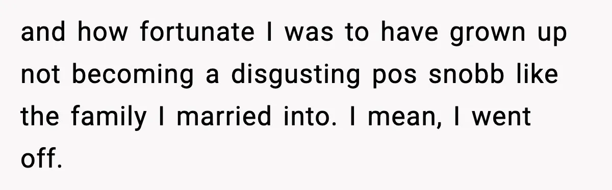 and how fortunate I was to have grown up not becoming a disgusting pos snobb like the family I married into. I mean, I went off.
