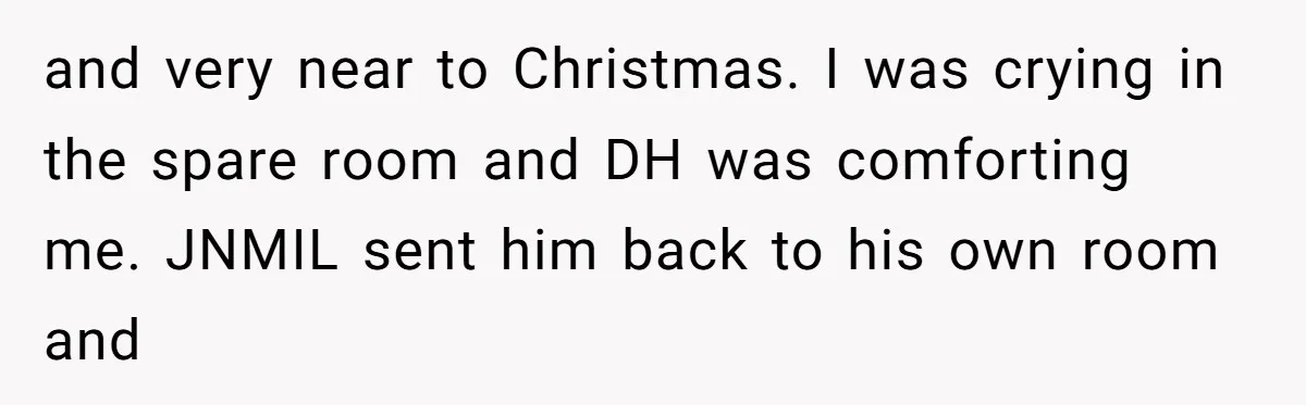 and very near to Christmas. I was crying in the spare room and DH was comforting me. JNMIL sent him back to his own room and