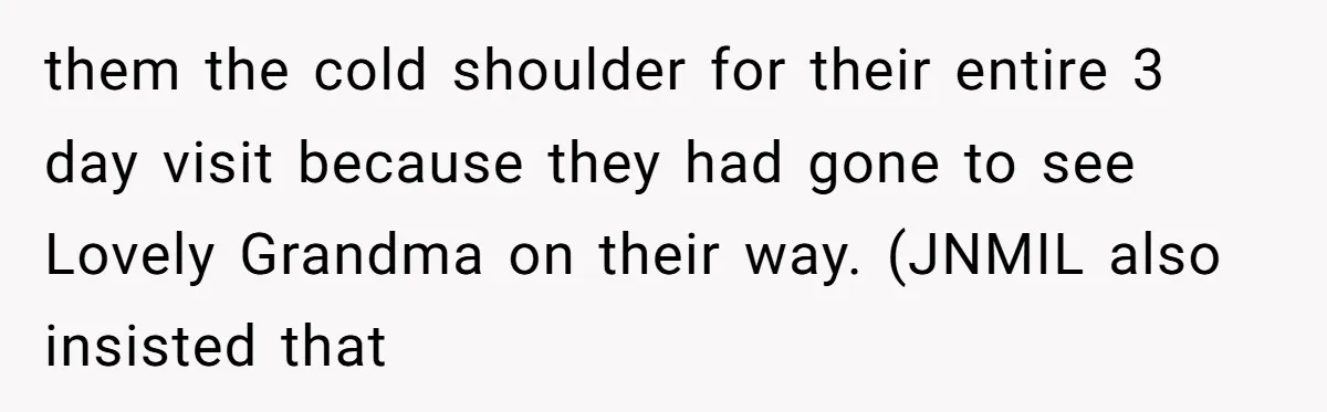 them the cold shoulder for their entire 3 day visit because they had gone to see Lovely Grandma on their way. (JNMIL also insisted that