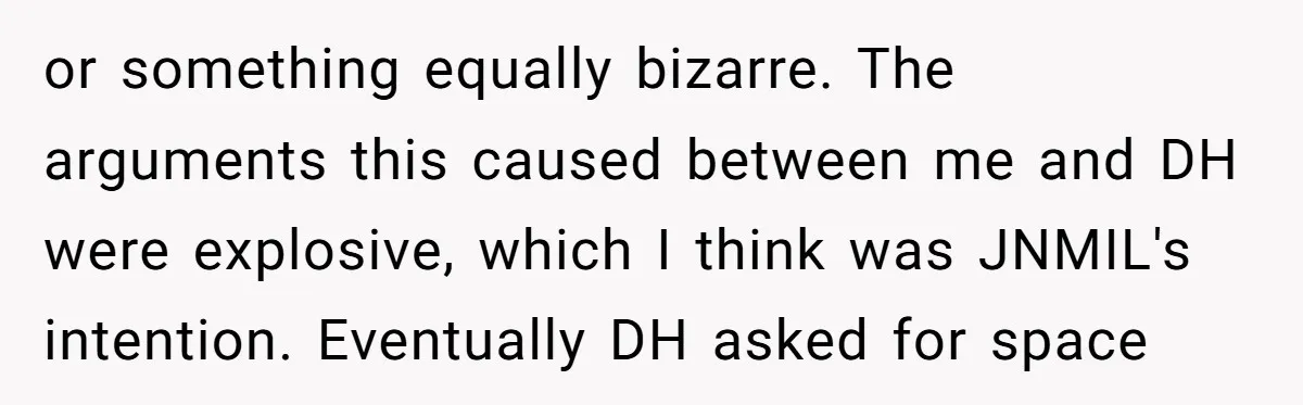or something equally bizarre. The arguments this caused between me and DH were explosive, which I think was JNMIL's intention. Eventually DH asked for space