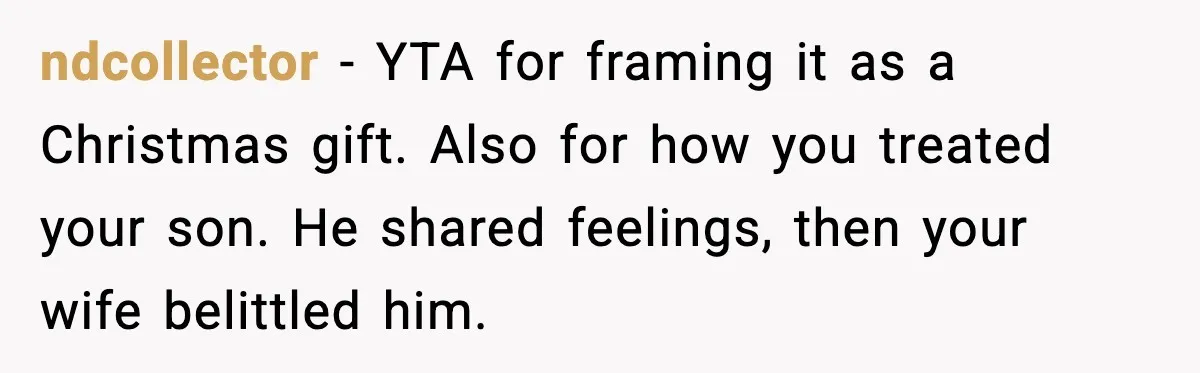 ndcollector - YTA for framing it as a Christmas gift. Also for how you treated your son. He shared feelings, then your wife belittled him.
